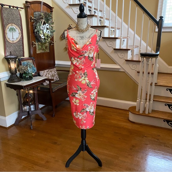 Iris Los Angeles Coral Floral Midi Dress - Picture 1 of 7